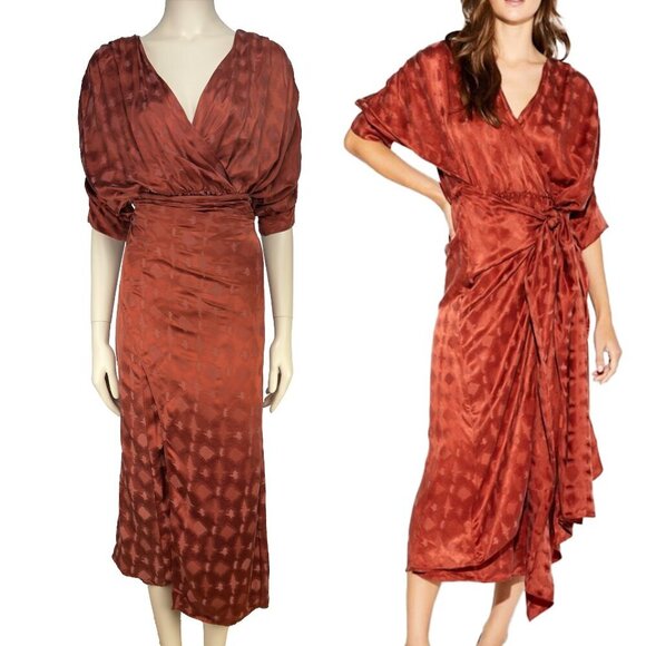 Revolve CALLAHAN Sami Convertible* Draped Rust Satin Tie Waist Midi Dress sz XS - Picture 2 of 15